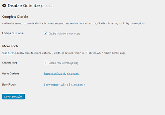 Plugin Disable Gutenberg configuração padrão