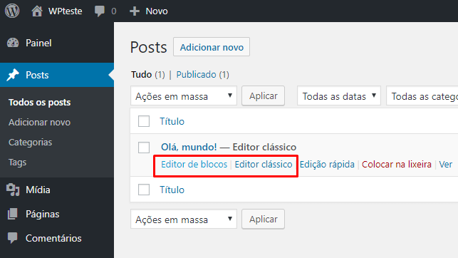 Escolher entre editor clássico e editor de blocos