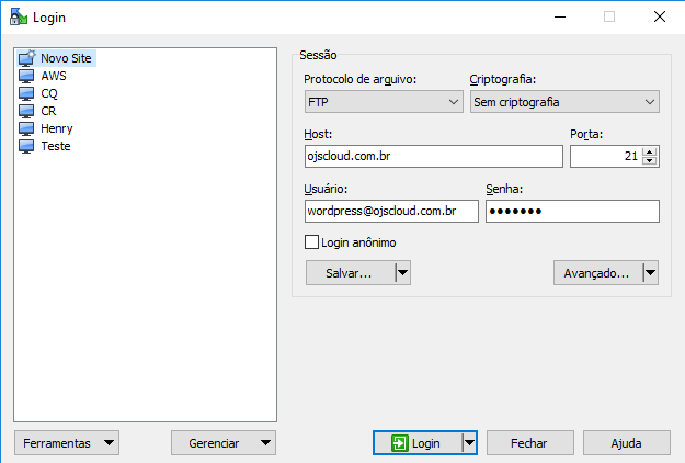 Login no cliente FTP Login no cliente FTP