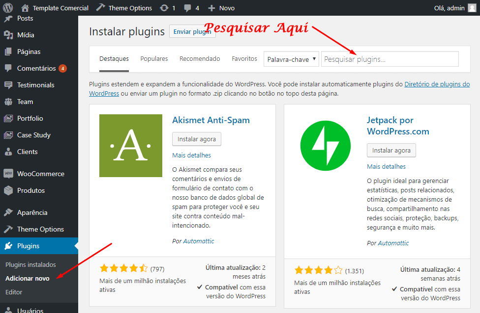 Procurando por plugins na área de administração do WordPress Procurando por plugins na área de administração do WordPress
