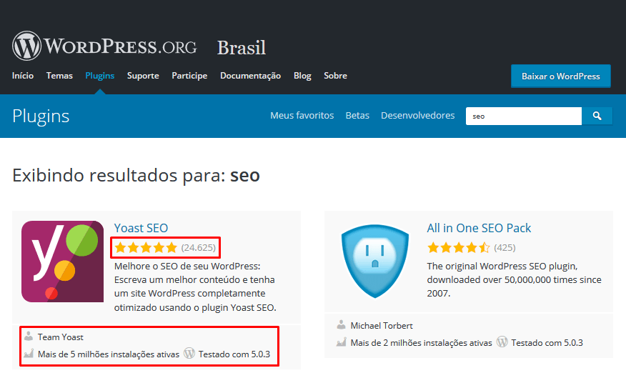 Resultado de uma pesquisa no diretório de plugins do WordPress