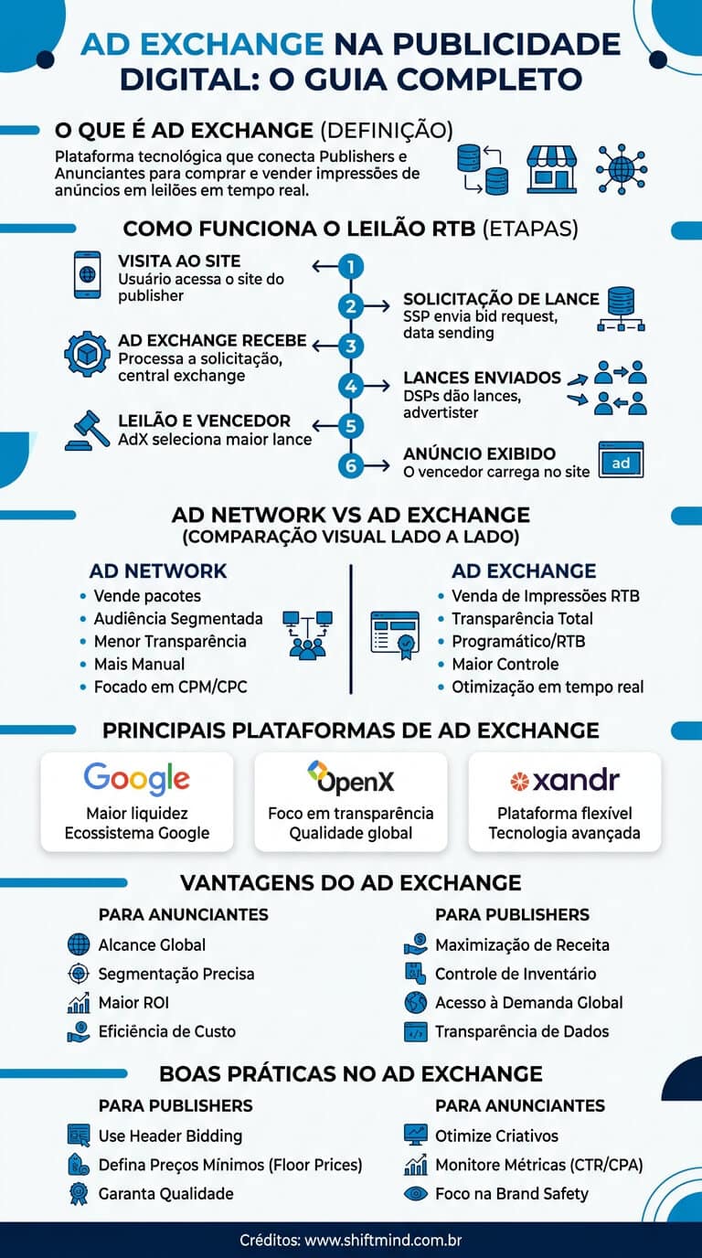 Crie um infográfico moderno sobre Ad Exchange na publicidade digital. Incluir seções: O que é Ad Exchange (definição), Como funciona o leilão RTB (etapas com ícones), Ad Exchange vs Ad Network (comparação visual lado a lado), Principais plataformas (Google AdX, OpenX, Xandr), Vantagens para anunciantes e publishers, Boas práticas. Esquema de cores azul (#0085C9) e azul marinho escuro (#001E46) com fundo branco. Layout vertical. Ícones flat design. Estilo corporativo B2B. Resolução 1080x1920. Todos os textos em português do Brasil. 
