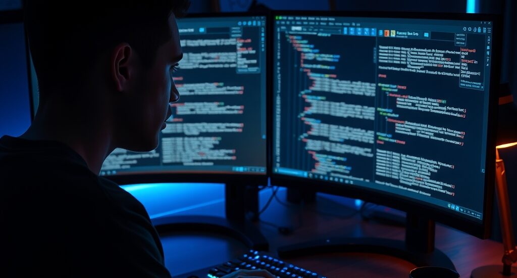 Desenvolvedor em frente a monitor com código fonte e testes unitários dark theme