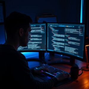 Desenvolvedor em frente a monitor com código fonte e testes unitários dark theme