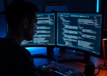 Desenvolvedor em frente a monitor com código fonte e testes unitários dark theme
