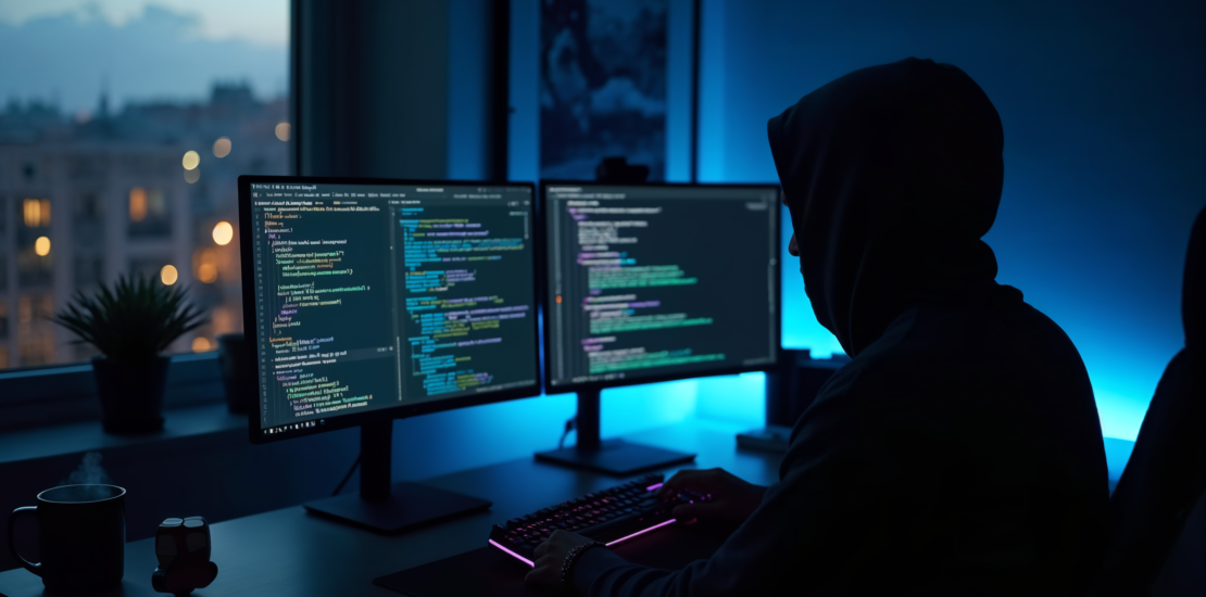 Programador desenvolvendo codigo concorrente com operacoes atomicas em workstation dupla