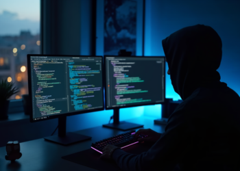 Programador desenvolvendo codigo concorrente com operacoes atomicas em workstation dupla