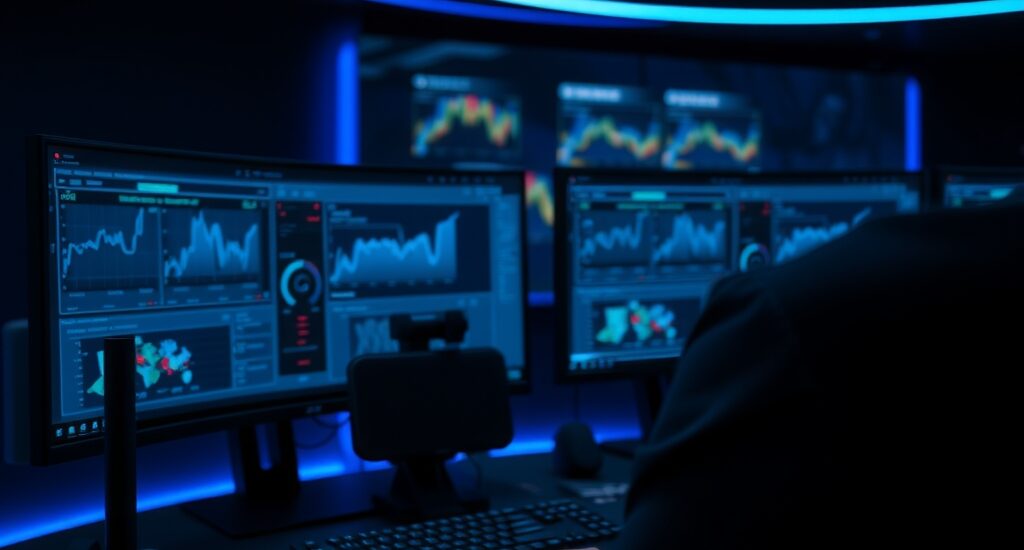 Analista em Security Operations Center monitorando dashboards de email security