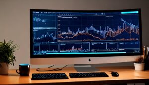 Dashboard de analytics mostrando gráficos de bounce rate e engagement em monitor em escritório moderno