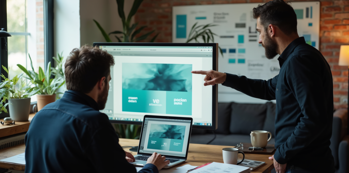 Design studio B2B trabalhando em identidade visual de marca em laptop