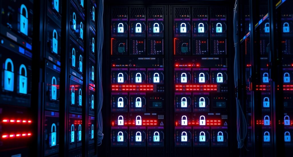 Rack de servidor em datacenter escuro representando certificado wildcard SSL