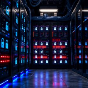 Rack de servidor em datacenter escuro representando certificado wildcard SSL