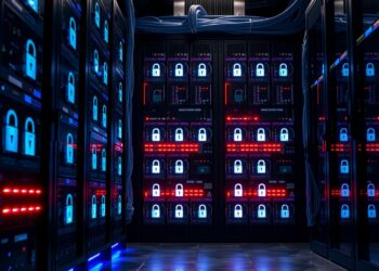 Rack de servidor em datacenter escuro representando certificado wildcard SSL
