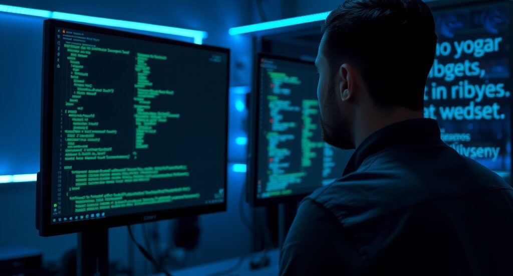 Engenheiro DevOps diante de monitores com terminal e código Ruby para Chef IaC