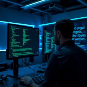 Engenheiro DevOps diante de monitores com terminal e código Ruby para Chef IaC