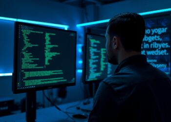 Engenheiro DevOps diante de monitores com terminal e código Ruby para Chef IaC