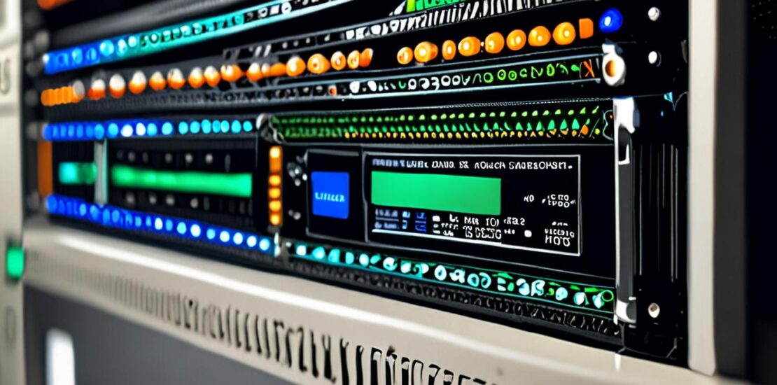 Terminal Linux em servidor com comandos de isolamento chroot em ambiente datacenter noturno