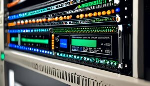 Terminal Linux em servidor com comandos de isolamento chroot em ambiente datacenter noturno