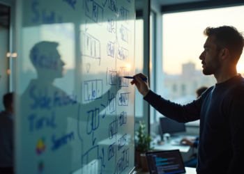 Engenheiro de redes planejando subnetting CIDR em quadro branco com diagramas