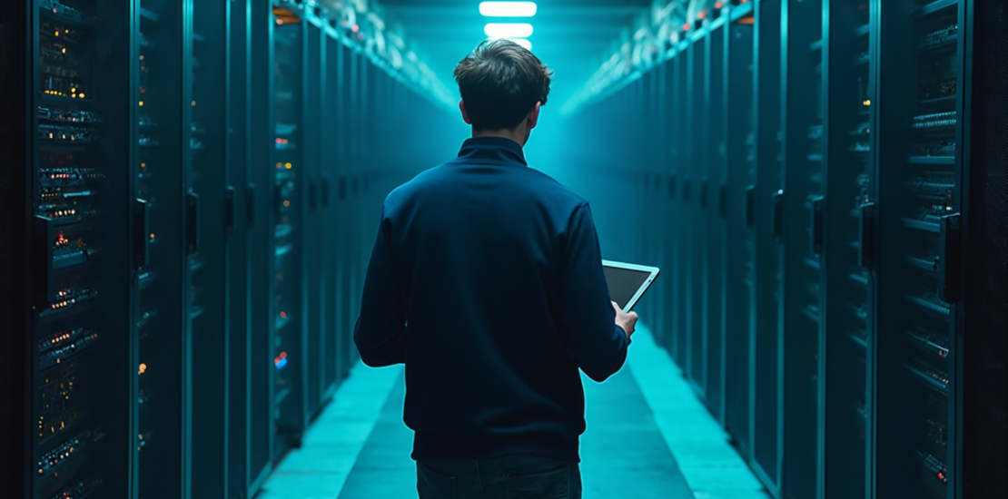 Arquiteto de nuvem em datacenter moderno com racks de servidores iluminados