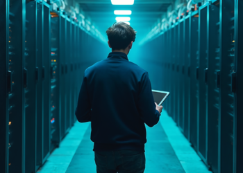 Arquiteto de nuvem em datacenter moderno com racks de servidores iluminados
