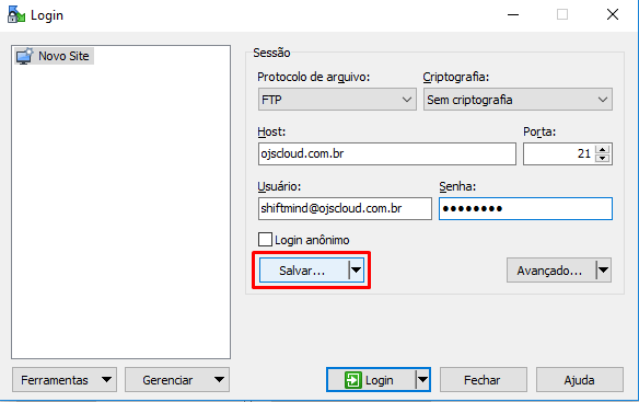 Veja que o WinSCP tem a opção que permite que você salve o login de FTP no software